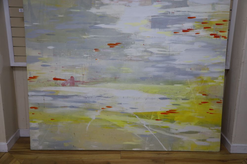 Suling Wang (1968, Taiwanese), oil on canvas, Mute swans flying over a lake, 242.5 x 200.5cm